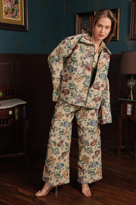 Label Muslin Floral Pattern Jacket With Pant 