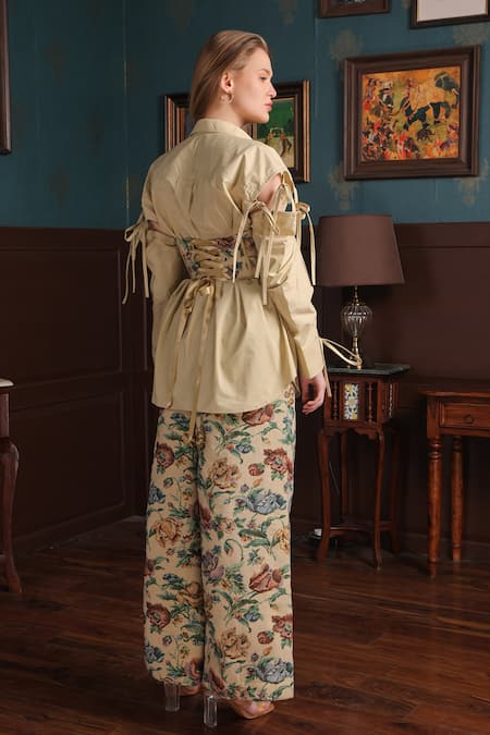 Shop_Label Muslin_Yellow Cotton, Canvas Embroidery Collared Floral Corset Pant Set _at_Aza_Fashions