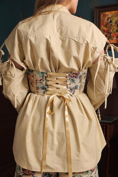 Buy_Label Muslin_Yellow Cotton, Canvas Embroidery Collared Floral Corset Pant Set _Online_at_Aza_Fashions