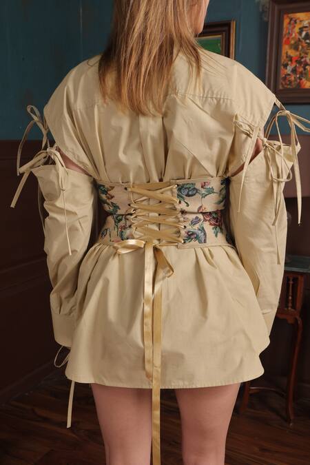 Buy_Label Muslin_Yellow Cotton, Canvas Floral Shirt Collar Solid With Pattern Corset 