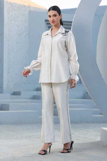 Label Niti Bothra_Ivory Silk, Tencel Sequins, Embroidery, Applique Floral Shirt And Pant Set _Online_at_Aza_Fashions