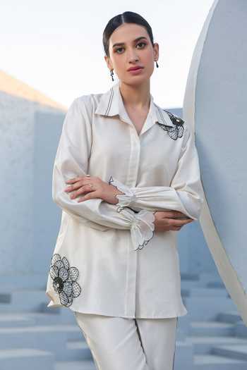 Buy_Label Niti Bothra_Ivory Silk, Tencel Sequins, Embroidery, Applique Floral Shirt And Pant Set _Online_at_Aza_Fashions