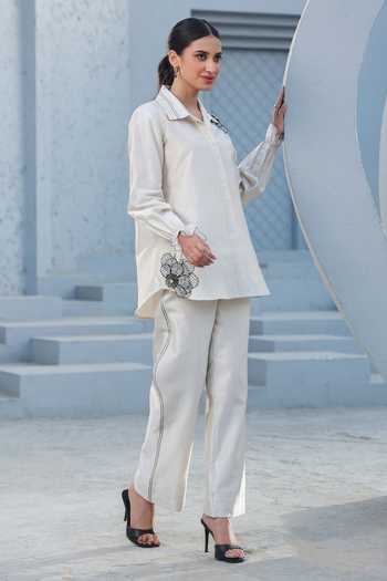 Shop_Label Niti Bothra_Ivory Silk, Tencel Sequins, Embroidery, Applique Floral Shirt And Pant Set _Online_at_Aza_Fashions