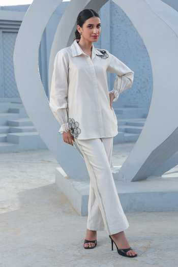 Label Niti Bothra_Ivory Silk, Tencel Sequins, Embroidery, Applique Floral Shirt And Pant Set _at_Aza_Fashions