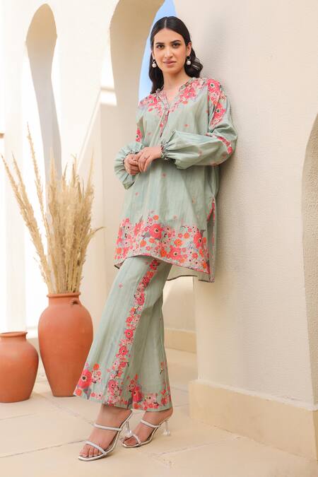 Label Niti Bothra_Green Silk, Tencel Embroidery Mandarin Floral Print Tunic And Flared Pant Set _Online_at_Aza_Fashions