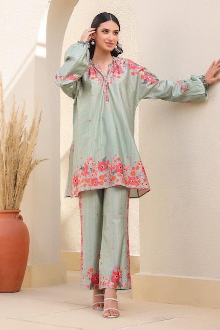 Shop_Label Niti Bothra_Green Silk, Tencel Embroidery Mandarin Floral Print Tunic And Flared Pant Set _Online_at_Aza_Fashions