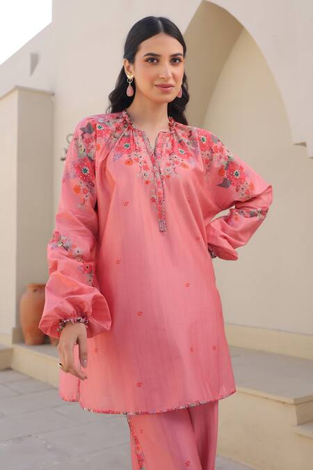 Label Niti Bothra_Pink Silk, Tencel Embroidery Mandarin Garden Print Tunic And Flared Pant Set _Online_at_Aza_Fashions