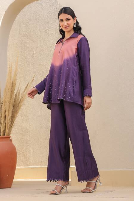 Label Niti Bothra_Purple Silk, Chanderi Embroidery Collared Ombre Top And Pant Set _Online_at_Aza_Fashions