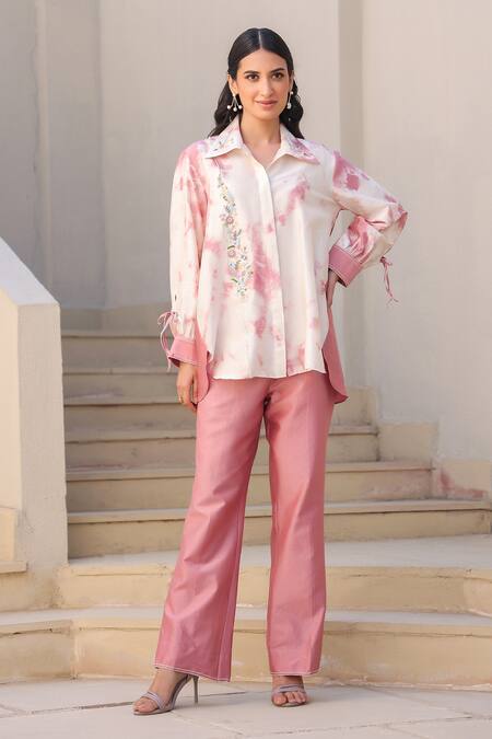 Label Niti Bothra_Pink Silk, Chanderi Embroidery Collared Shibori Pattern Shirt And Pant Set _Online_at_Aza_Fashions