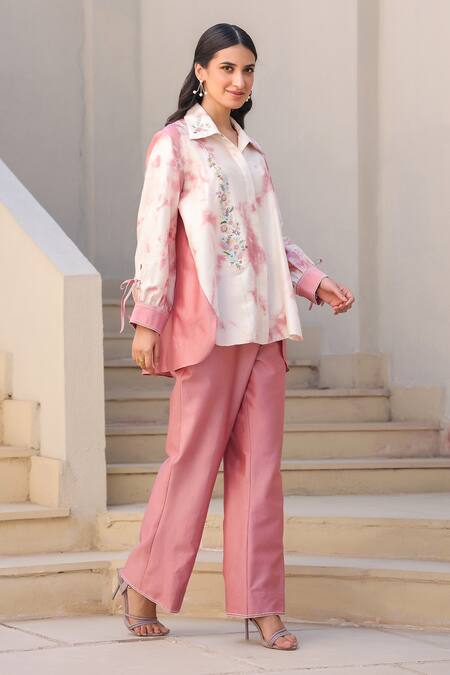 Buy_Label Niti Bothra_Pink Silk, Chanderi Embroidery Collared Shibori Pattern Shirt And Pant Set _Online_at_Aza_Fashions