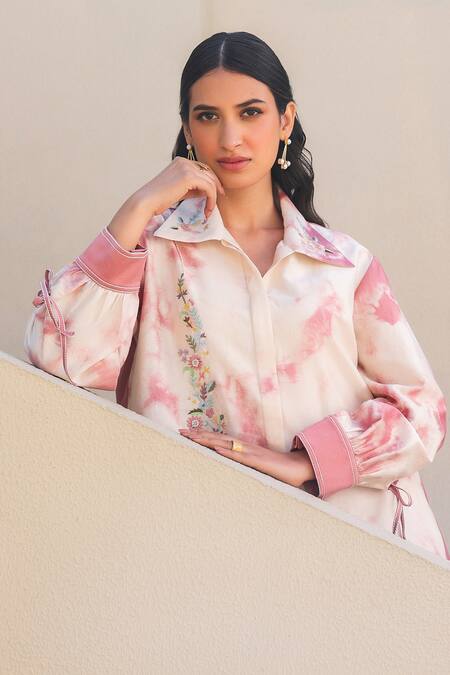 Label Niti Bothra_Pink Silk, Chanderi Embroidery Collared Shibori Pattern Shirt And Pant Set _at_Aza_Fashions