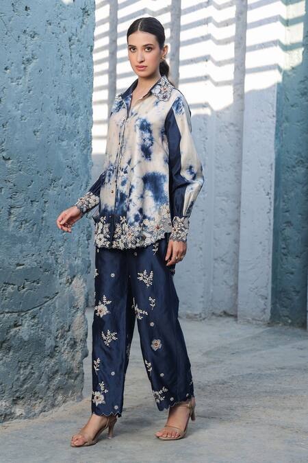 Label Niti Bothra_Blue Silk, Chanderi Embroidery Collared Shibori Pattern Shirt And Pant Set _Online_at_Aza_Fashions
