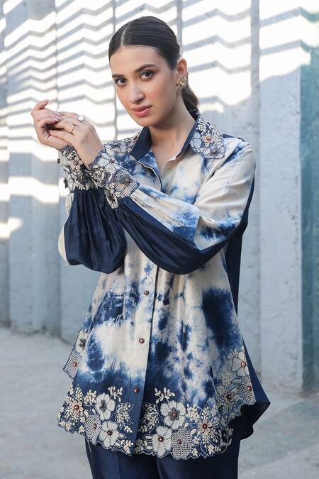 Buy_Label Niti Bothra_Blue Silk, Chanderi Embroidery Collared Shibori Pattern Shirt And Pant Set _Online_at_Aza_Fashions