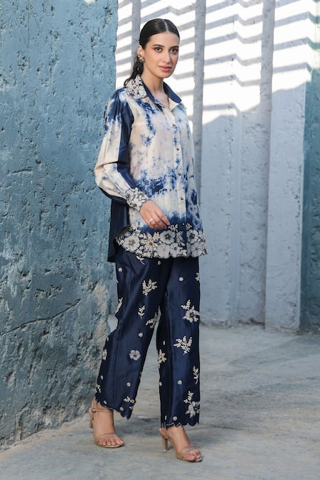 Shop_Label Niti Bothra_Blue Silk, Chanderi Embroidery Collared Shibori Pattern Shirt And Pant Set _Online_at_Aza_Fashions