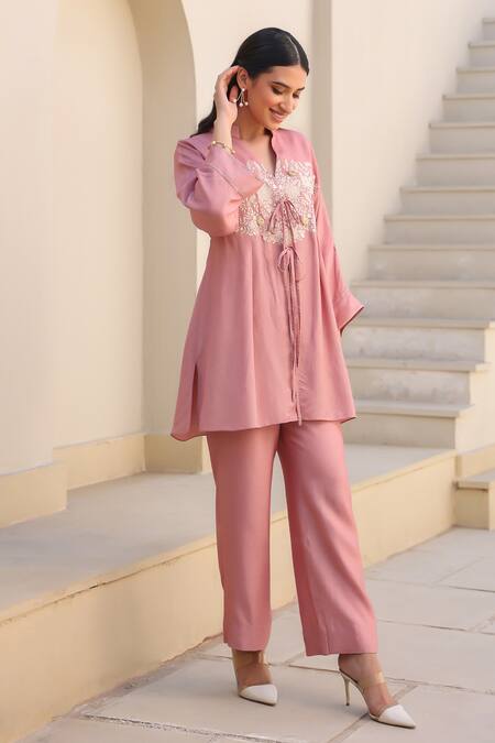Label Niti Bothra_Pink Silk, Chanderi Embroidery Mandarin Collar 3d Flower Tunic And Pant Set _Online_at_Aza_Fashions
