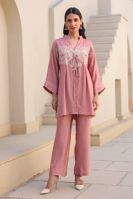Shop_Label Niti Bothra_Pink Silk, Chanderi Embroidery Mandarin Collar 3d Flower Tunic And Pant Set _Online_at_Aza_Fashions