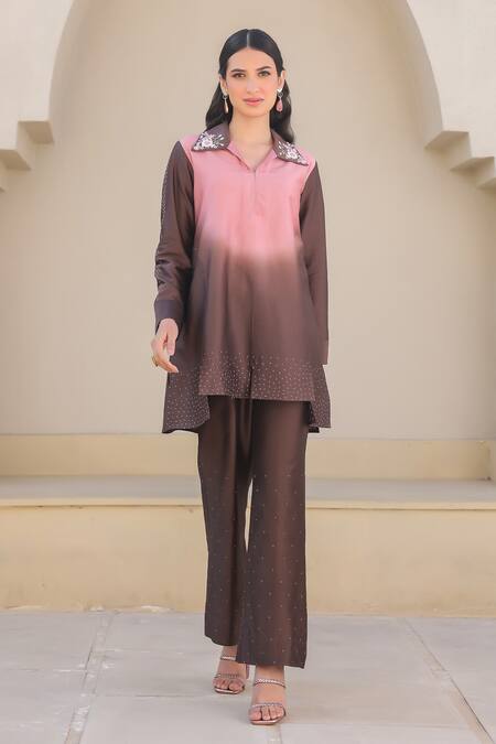 Label Niti Bothra_Brown Silk, Chanderi Embroidery Collared Tunic And Pant Set _Online_at_Aza_Fashions