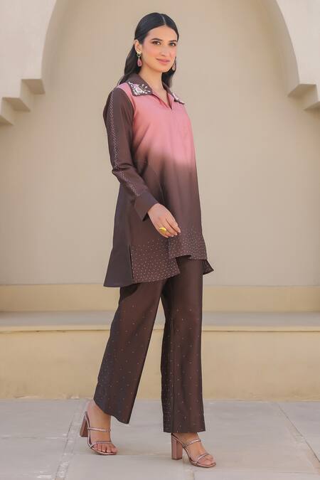 Shop_Label Niti Bothra_Brown Silk, Chanderi Embroidery Collared Tunic And Pant Set _Online_at_Aza_Fashions