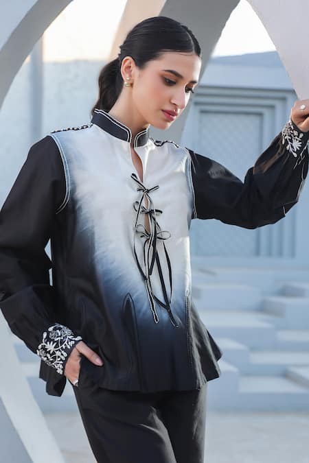 Label Niti Bothra_Black Silk, Chanderi Embroidery Mandarin Collar Ombre Tie-up Top And Pant Set _at_Aza_Fashions