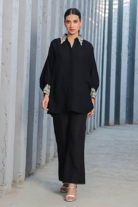 Label Niti Bothra_Black Silk, Chanderi Embroidery Collared Shirt And Pant Set _at_Aza_Fashions