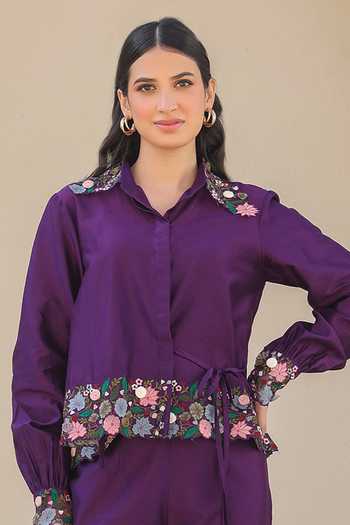Buy Label Niti Bothra Purple Silk, Chanderi Cut Work, Embroidery Collared Orchid Cutwork Pant Set Online at Aza Fashions Buy_Label Niti Bothra_Purple Silk, Chanderi Cut Work, Embroidery Collared Orchid Cutwork Pant Set _Online_at_Aza_Fashions