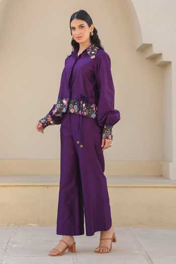 Shop_Label Niti Bothra_Purple Silk, Chanderi Cut Work, Embroidery Collared Orchid Cutwork Pant Set _Online_at_Aza_Fashions