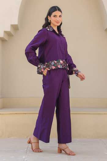 Label Niti Bothra_Purple Silk, Chanderi Cut Work, Embroidery Collared Orchid Cutwork Pant Set _at_Aza_Fashions