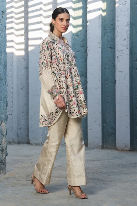Shop_Label Niti Bothra_Ivory Silk, Chanderi Embroidery V-neck Floral Shirt Tunic And Pant Set _Online_at_Aza_Fashions