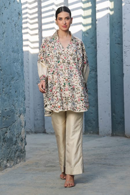Shop_Label Niti Bothra_Ivory Silk, Chanderi Embroidery V-neck Floral Shirt Tunic And Pant Set 