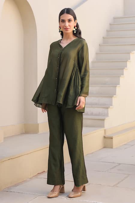 Buy_Label Niti Bothra_Green Silk, Chanderi Beads, Embroidery V-neck Gathered Waist Top And Pant Set _Online_at_Aza_Fashions