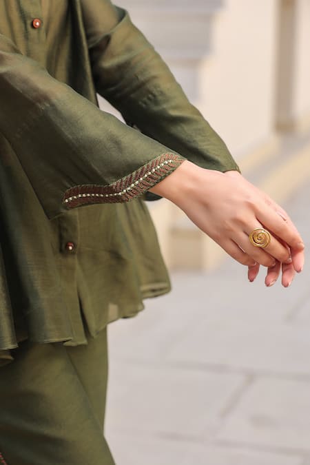 Shop_Label Niti Bothra_Green Silk, Chanderi Beads, Embroidery V-neck Gathered Waist Top And Pant Set _Online_at_Aza_Fashions