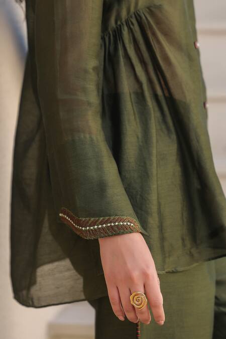 Label Niti Bothra_Green Silk, Chanderi Beads, Embroidery V-neck Gathered Waist Top And Pant Set _at_Aza_Fashions