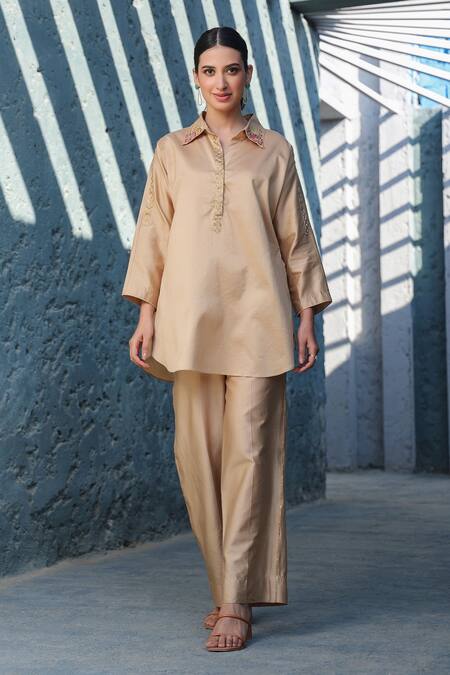 Label Niti Bothra_Beige Silk, Chanderi Sequins, Zari Floral Zardozi Embroidered Tunic And Pant Set _Online_at_Aza_Fashions