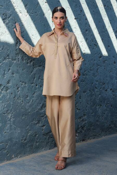 Shop_Label Niti Bothra_Beige Silk, Chanderi Sequins, Zari Floral Zardozi Embroidered Tunic And Pant Set _Online_at_Aza_Fashions