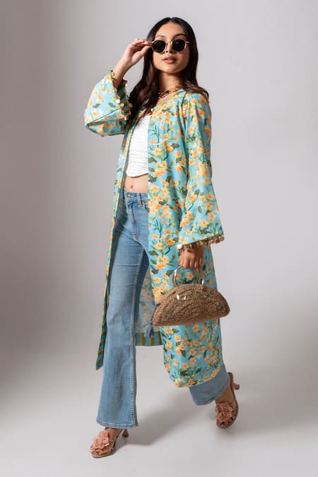 Maison Shefali_Blue Linen Slub Floral, Coin Tassel Open Print Long Jacket _Online_at_Aza_Fashions