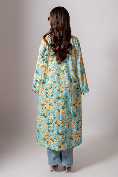 Shop_Maison Shefali_Blue Linen Slub Floral, Coin Tassel Open Print Long Jacket _at_Aza_Fashions