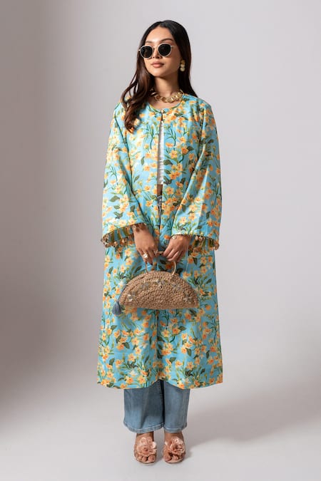Buy_Maison Shefali_Blue Linen Slub Floral, Coin Tassel Open Print Long Jacket _Online_at_Aza_Fashions