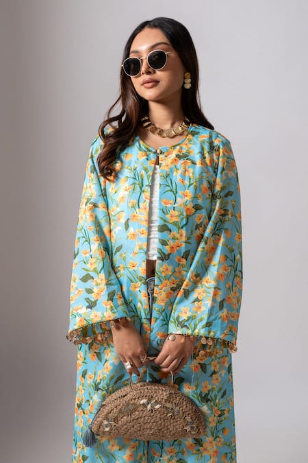 Maison Shefali_Blue Linen Slub Floral, Coin Tassel Open Print Long Jacket _at_Aza_Fashions