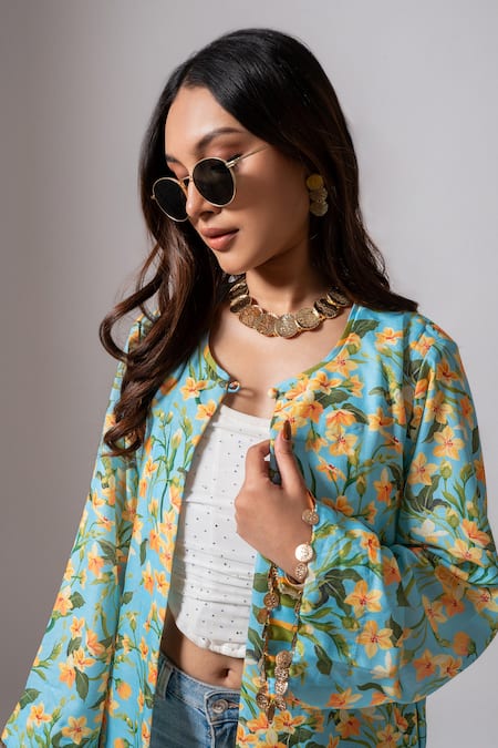 Buy_Maison Shefali_Blue Linen Slub Floral, Coin Tassel Open Print Long Jacket 