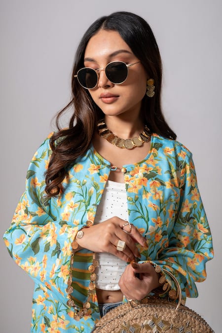 Shop_Maison Shefali_Blue Linen Slub Floral, Coin Tassel Open Print Long Jacket 