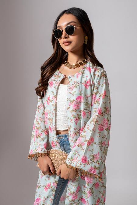 Maison Shefali_Green Linen Tassels Open Neck Floral Print Hand Embroidered Jacket _Online_at_Aza_Fashions