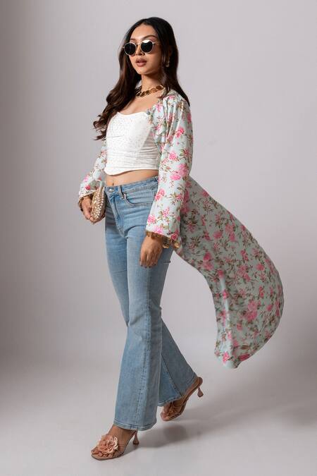 Buy_Maison Shefali_Green Linen Tassels Open Neck Floral Print Hand Embroidered Jacket _Online_at_Aza_Fashions