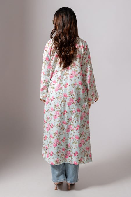 Shop_Maison Shefali_Green Linen Tassels Open Neck Floral Print Hand Embroidered Jacket _at_Aza_Fashions