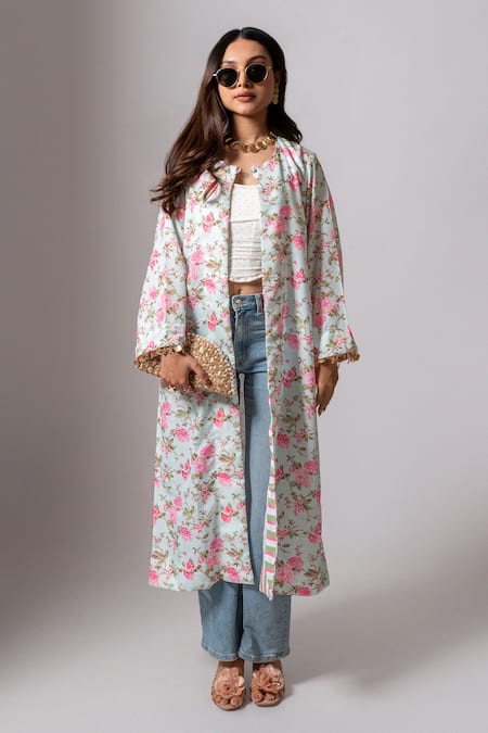 Shop_Maison Shefali_Green Linen Tassels Open Neck Floral Print Hand Embroidered Jacket _Online_at_Aza_Fashions
