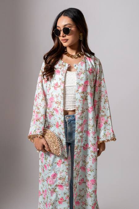 Maison Shefali_Green Linen Tassels Open Neck Floral Print Hand Embroidered Jacket _at_Aza_Fashions