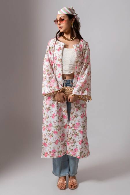 Maison Shefali_White Linen Tassels Open Neck Floral Print Coin Jacket _Online_at_Aza_Fashions