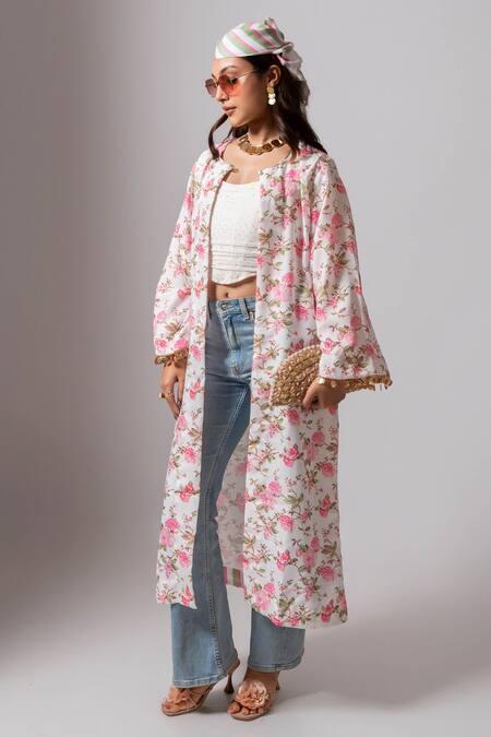 Buy_Maison Shefali_White Linen Tassels Open Neck Floral Print Coin Jacket _Online_at_Aza_Fashions