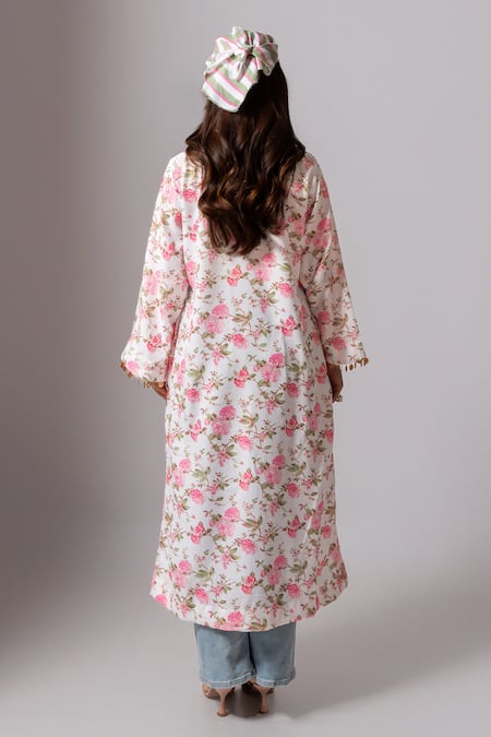 Shop_Maison Shefali_White Linen Tassels Open Neck Floral Print Coin Jacket _at_Aza_Fashions