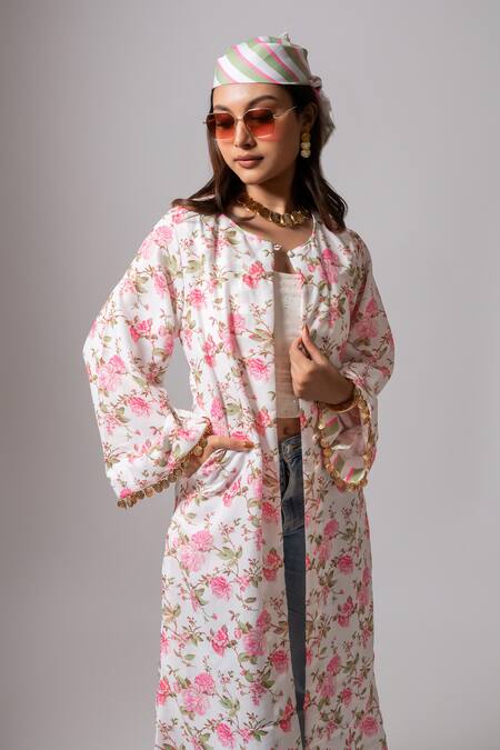 Maison Shefali_White Linen Tassels Open Neck Floral Print Coin Jacket _at_Aza_Fashions