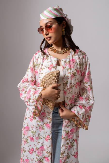 Buy_Maison Shefali_White Linen Tassels Open Neck Floral Print Coin Jacket 